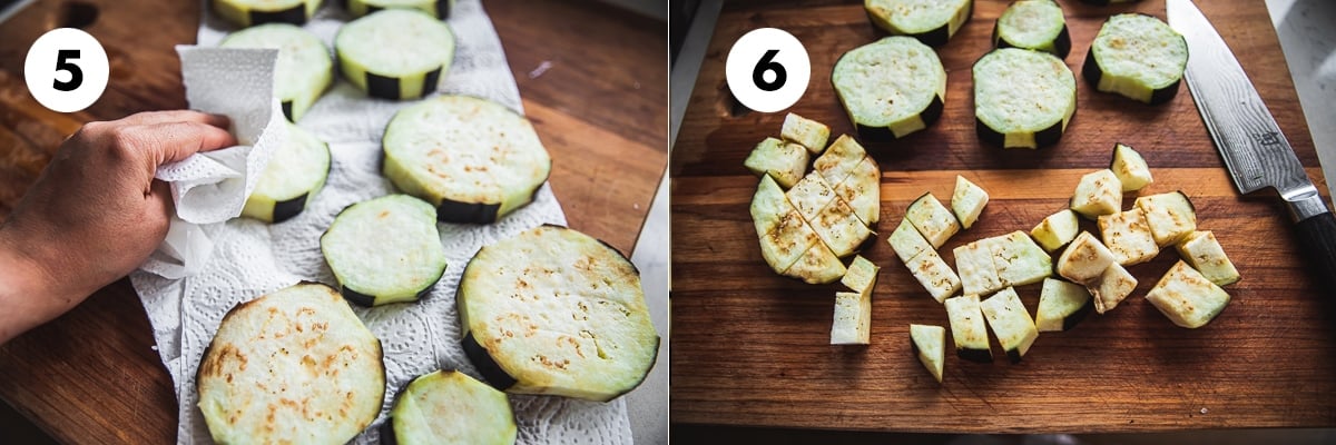 Dry eggplant completely using paper towels. Cut each round in half inch pieces.