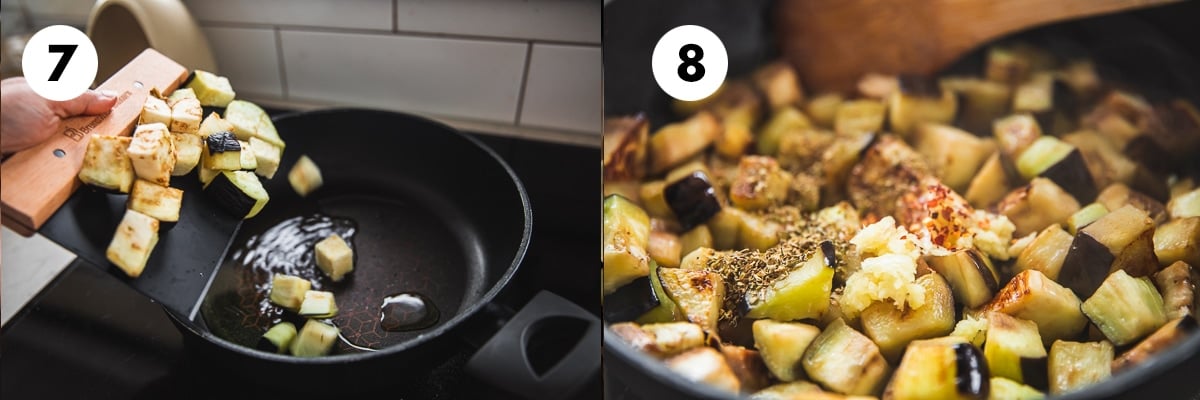 Pan fry eggplant in hot oil until starting to brown. Add garlic and cook down for 12-15 minutes until eggplant is soft, then add chilli and oregano.