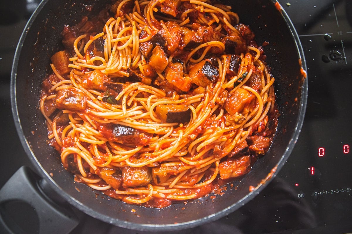Pasta Alla Norma cooked in a pan.