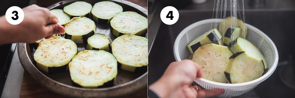Salt eggplant rounds, rinse and drain them.