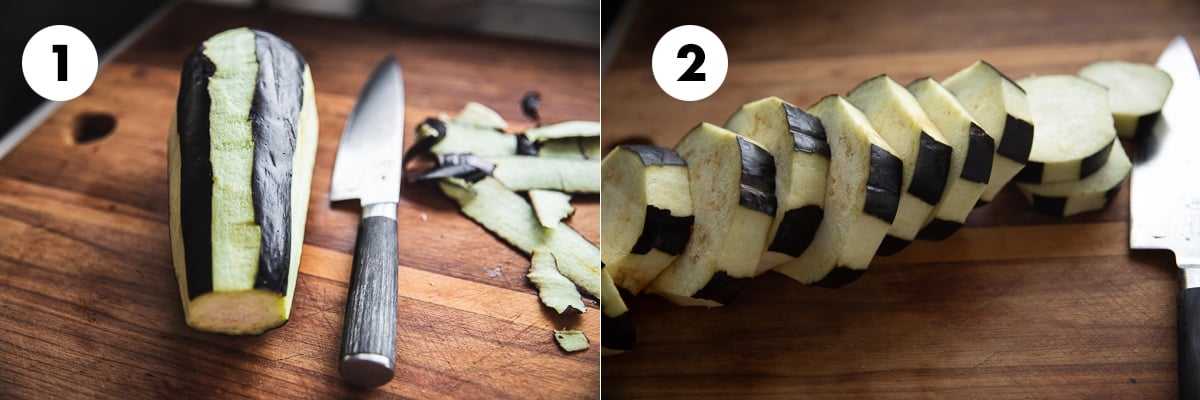 Shave eggplant skin in strips and cut it in rounds.