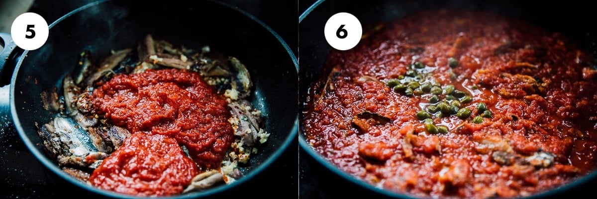 Add tomato sugo and diced tomatoes to the pan. Add capers, mix and cook for a few minutes.