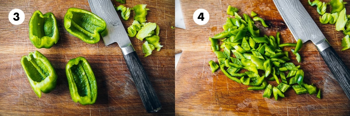 Prep green bell pepper (capsicum) by cutting in half first, trimming the top and cutting each half into two. Using a sharp knife, carefully remove the seeds and membrane. Cut each of the four pieces into strips and chop into smaller pieces.