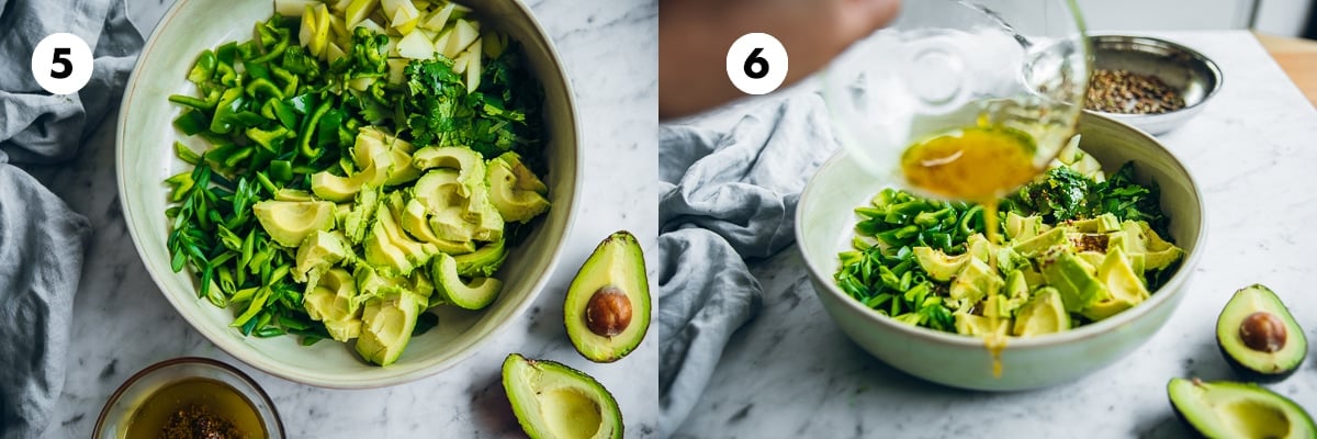 Add all salad ingredients in a large bowl. Add salad dressing and toss gently to mix well. 