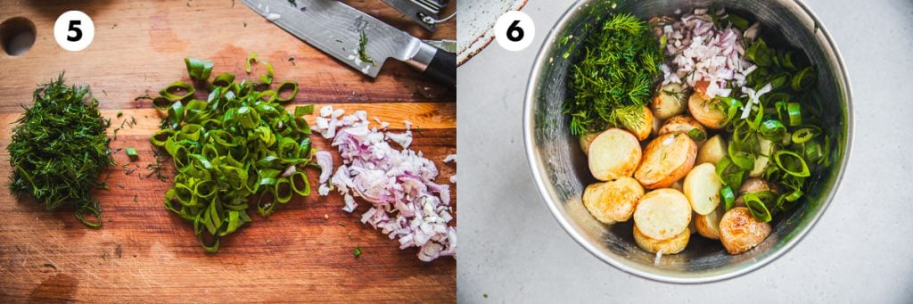 Chop dill, French shallots and spring onions. Add roast potatoes, dill, shallots and French onions to a bowl.