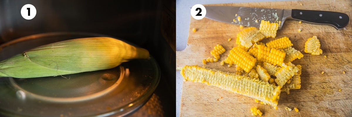 Cook whole corn in the microwave. Remove husk and slice and remove corn kernels with a knife.