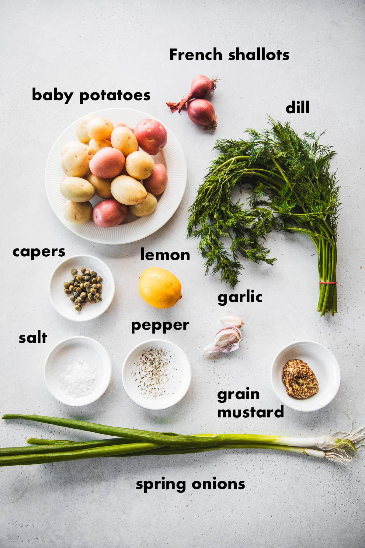 Ingredients for Dill Potato Salad labeled.