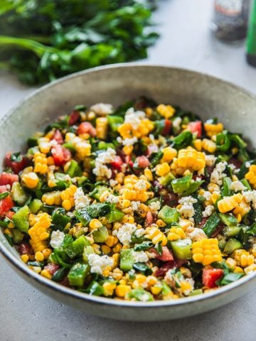 Feta Corn Salad in a bowl.