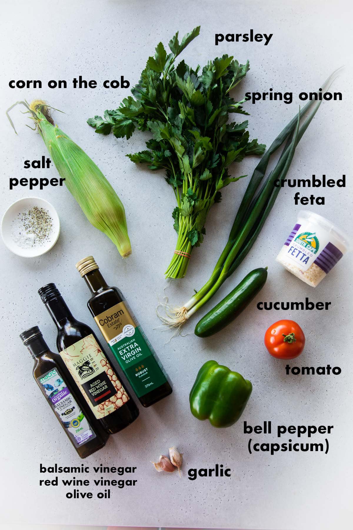 Ingredients for Feta Corn Salad labeled.