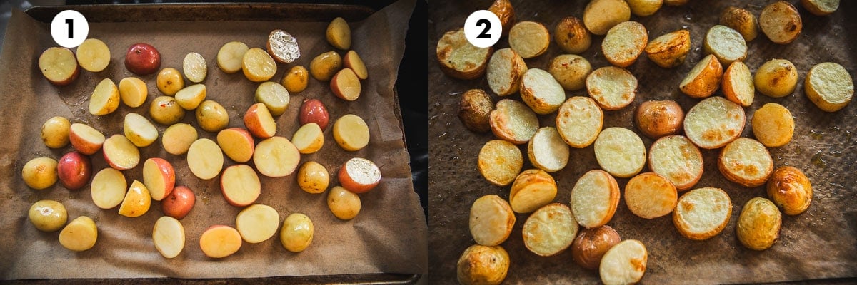 Cut baby potatoes in half. Mix with salt, pepper and olive oil. Spread on a tray. Roast in the oven until golden and crunchy.