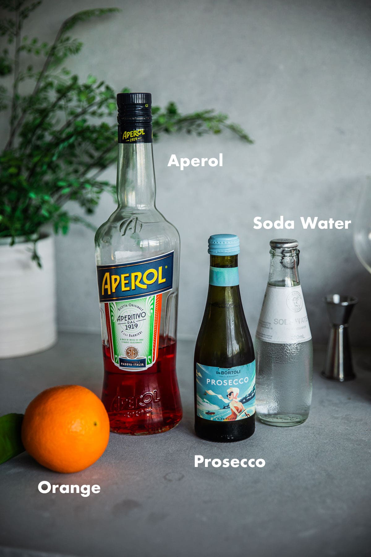 Aperol Spritz ingredients labeled - Aperol, Prosecco, Soda Water, orange.