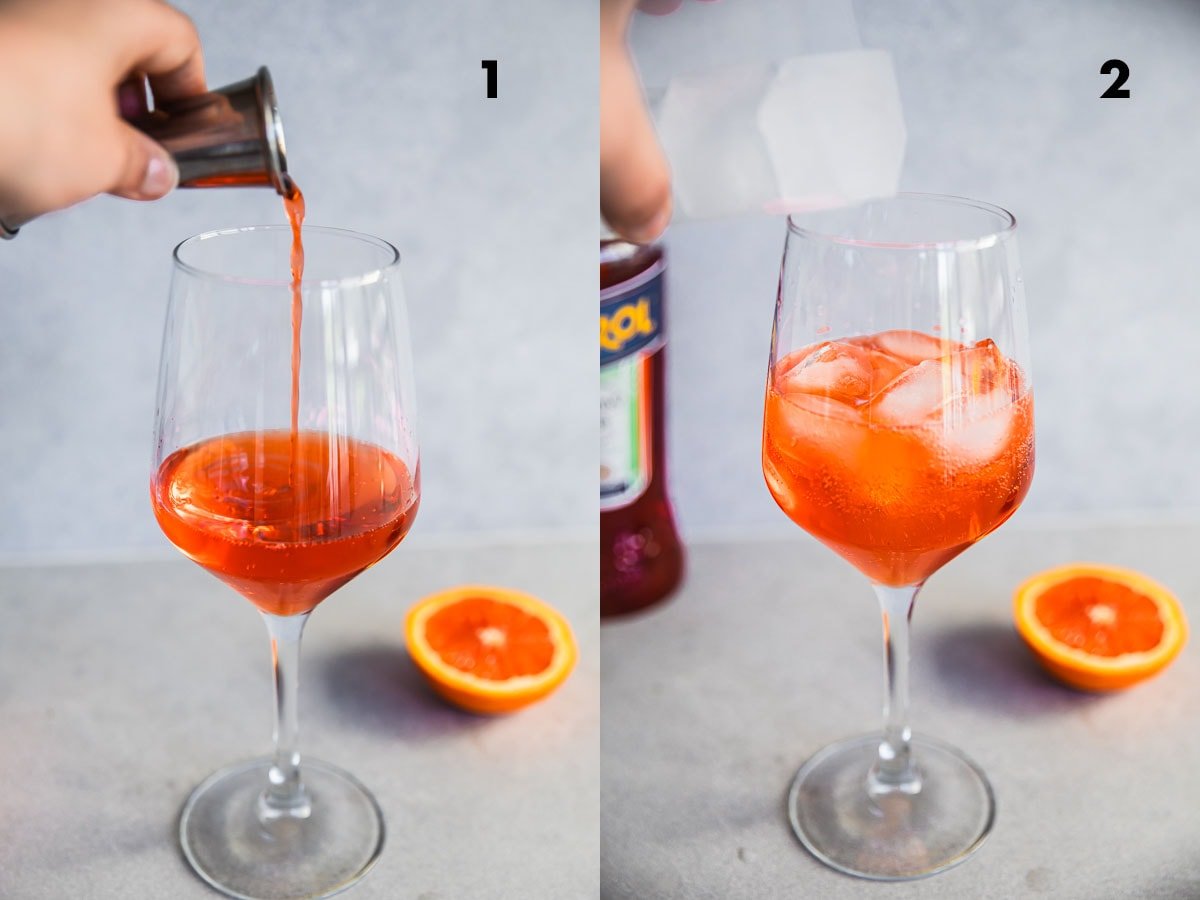 Pour Prosecco, Aperol and Soda Water in a stemmed wine glass. Fill glass with ice.