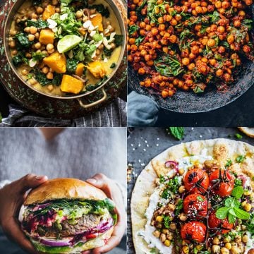 Healthy and Easy Chickpea Recipes to make from canned chickpeas - Chickpea Korma Curry, Moroccan chickpeas, Chickpea Veggie Burger, Falafel Chickpea Flatbreads.