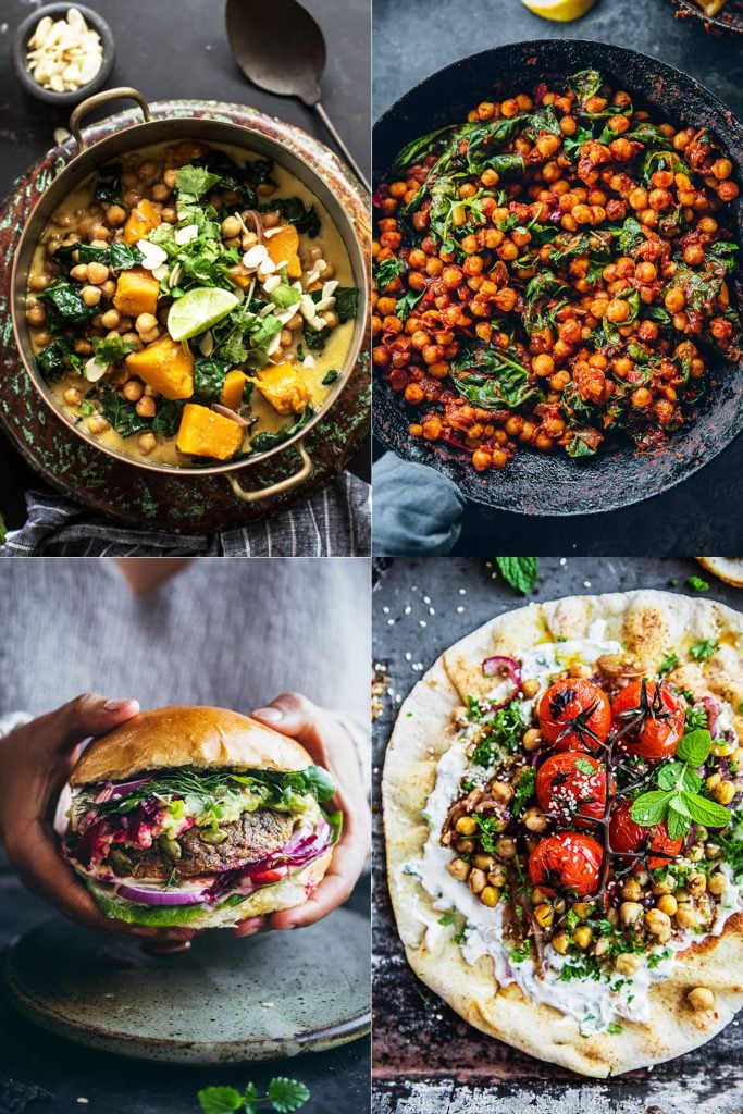 Healthy and Easy Chickpea Recipes to make from canned chickpeas - Chickpea Korma Curry, Moroccan chickpeas, Chickpea Veggie Burger, Falafel Chickpea Flatbreads.