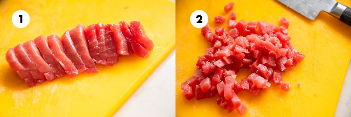 Prepare sashimi grade yellowfin tuna by slicing the slab into thin pieces. Cut each slice into 1 cm pieces with a sharp knife.