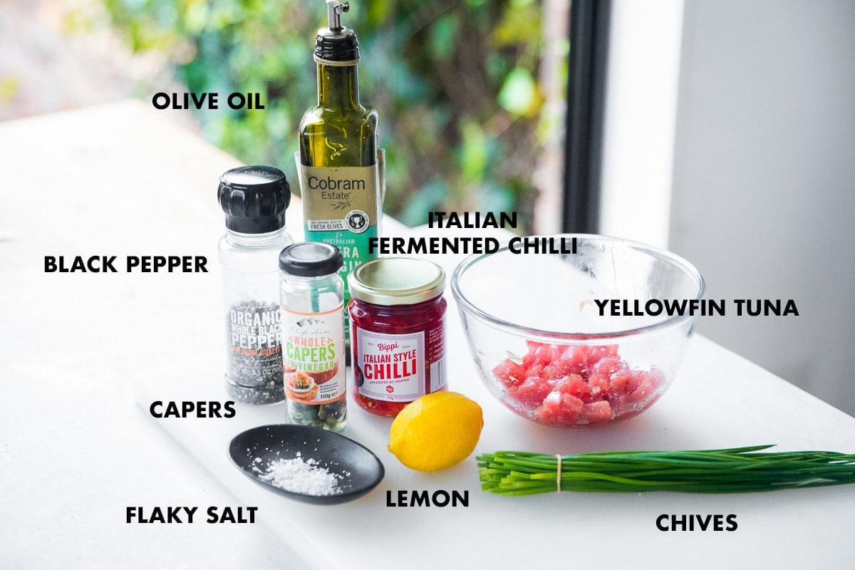 Italian Tuna Tartare Ingredients Lebeled - Yellowfun Tuna, olive oil, lemon, chives, caper, salt, pepper and ferment Italian-style chilli.