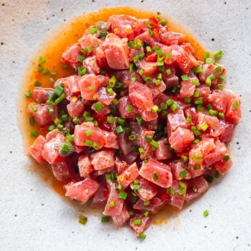 Italian Tuna Tartare in a white bowl.