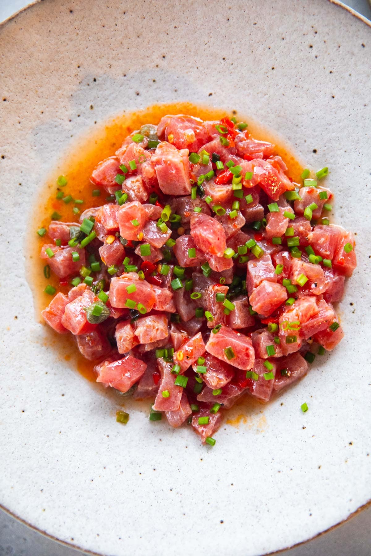 Italian Tuna Tartare in a white bowl.