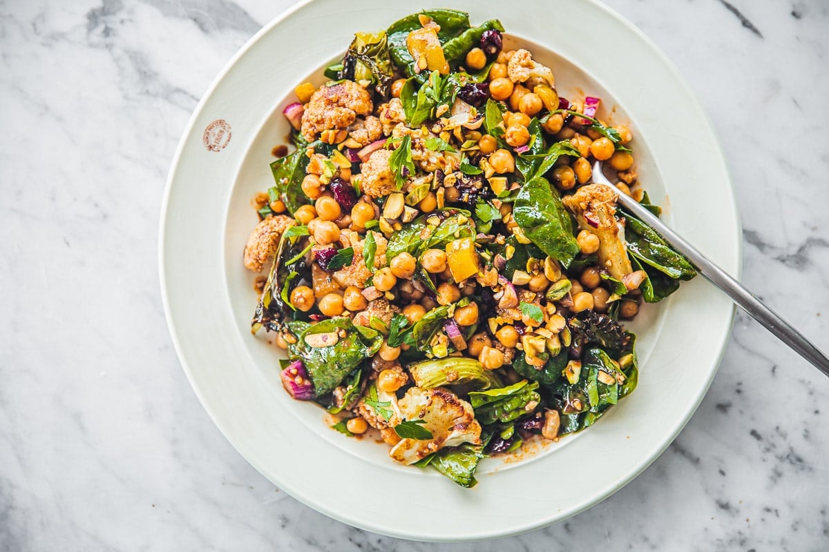 Moroccan Chickpea Cauliflower Salad in a white plate.