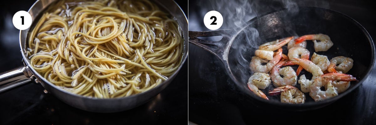 Cook ramen noodles according to packet instructions. Rinse in cold water and set aside. Sear prawns for a couple of minutes in a hot, dry, frying pan until smoking and just cooked. Remove from heat. 