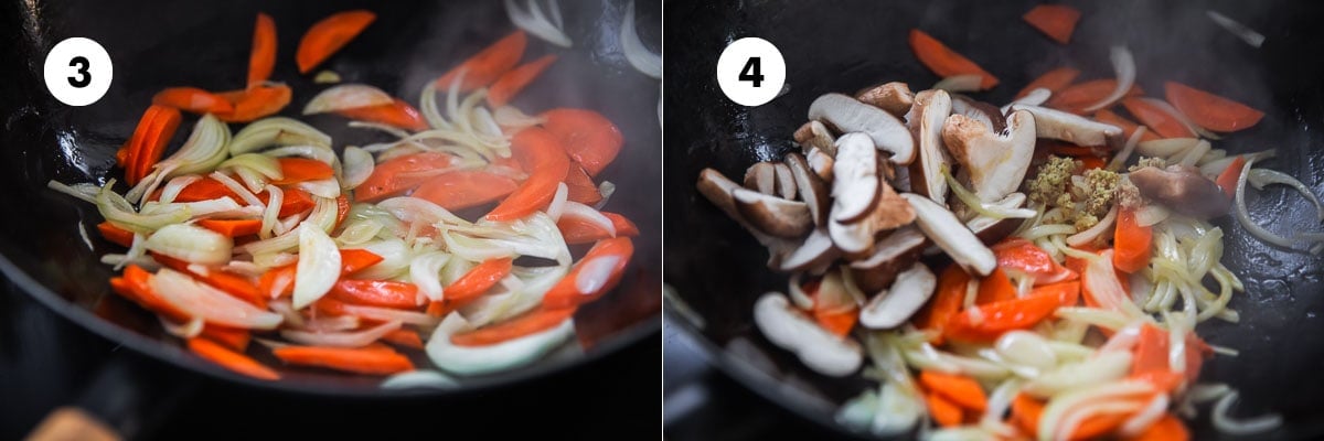 Stir-fry onion and carrot in oil in a hot wok for a couple of minutes. Add mushroom and ginger and stir-fry for another minute.