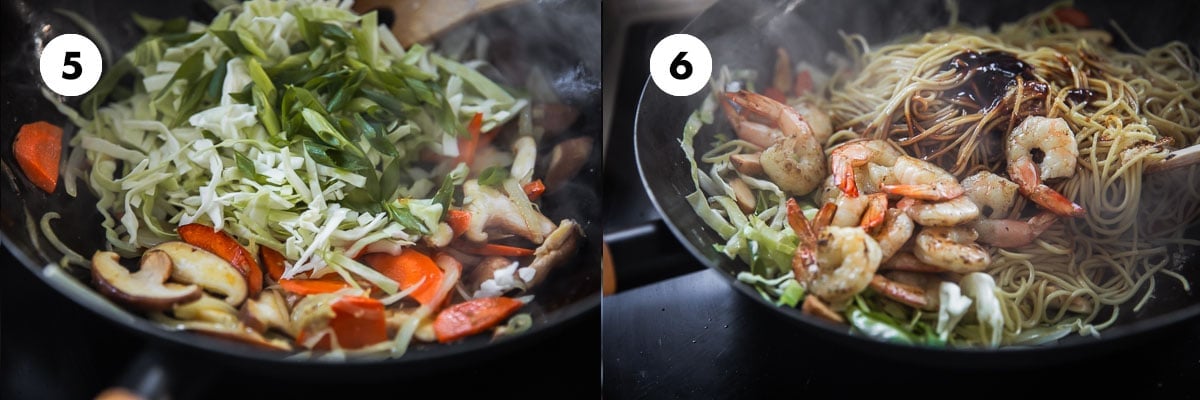 Add cabbage and spring onion. Stir-fry for 30 seconds until veggies are glazed. Add cooked noodles, prawns and sauce. Stir-fry and toss to mix well.