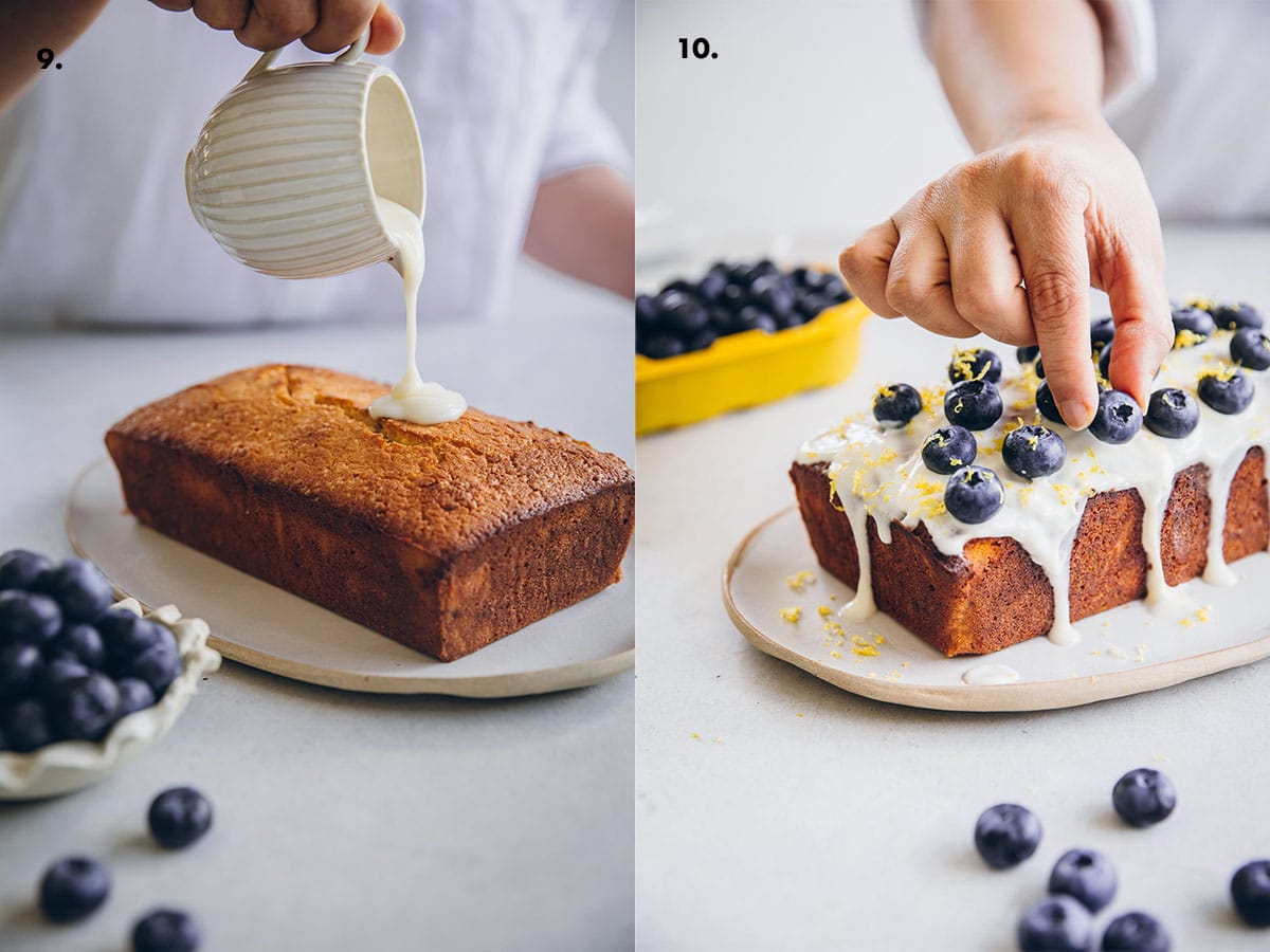 Make icing by whisking yoghurt and icing sugar until smooth. Drizzle over the cooled cake. Garnish with fresh blueberries and lemon zest.