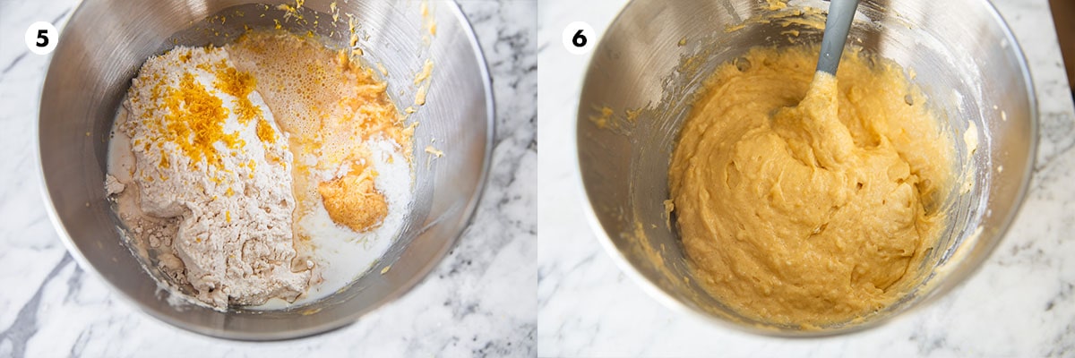 Add flour, baking powder, lemon zest, milk and lemon juice to the bowl. Using a silicone spoon, gently mix the batter until just combined.