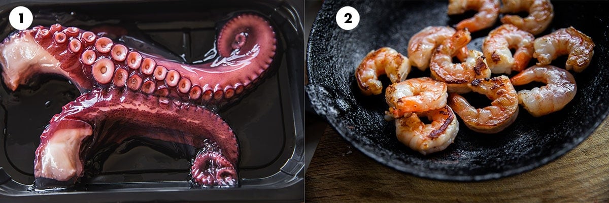 Rinse the fatty residue off the cooked octopus tentacles and pat dry. Cook the raw prawn meat on a hot pan with a dash of oil for 3-5 minutes until prawns are opaque and cooked through.