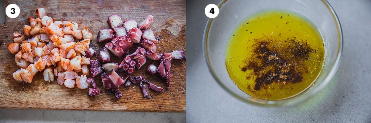 Chope the cooked octopus and prawns into bite sized pieces. Make the dressing by mixing olive oil, lemon juice, garlic, ground cumin, salt and pepper in a small bowl. 