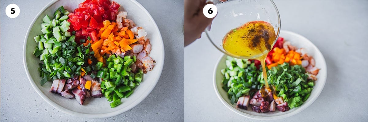 Add cucumber, green and yellow capsicum, tomato, coriander, spring onion, octopus and prawn in a large serving bowl. Add the salad dressing and mix well. 