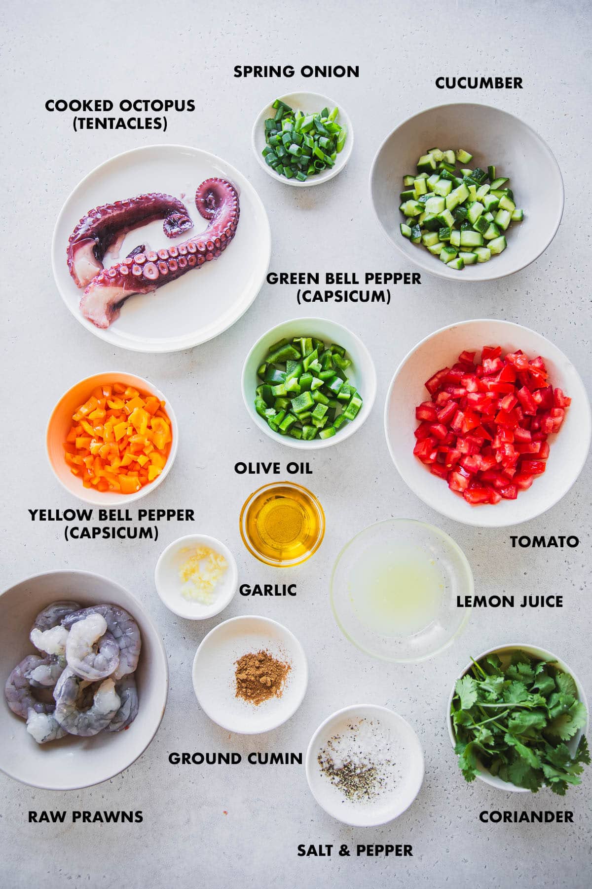Ingredients for Seafood Pipiranna measured and labeled - cooked octopus, raw prawns, spring onion, cucumber, green capsicum, yellow capsicum, coriander, ground cumin, olive oil, garlic, tomato, salt and pepper.