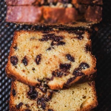 Chocolate Chip Pound Cake slices on a tray.