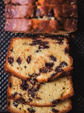 Chocolate Chip Pound Cake slices on a tray.