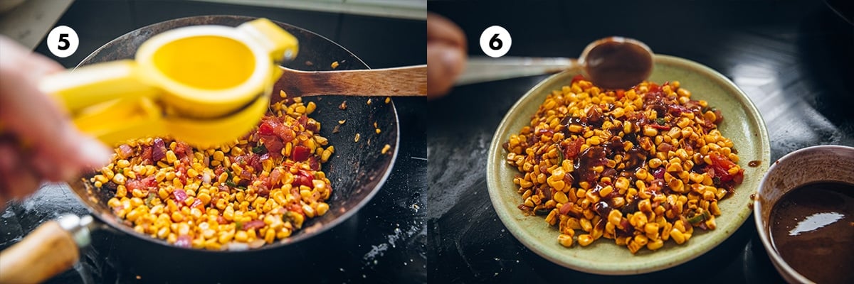 Squeeze lemon juice on the corn chaat. Scoop onto a serving plate and dress with tamarind date chutney.