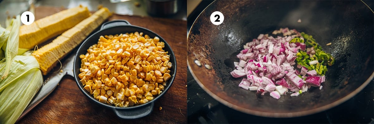 Shuck the corn cob and remove the kernels in a bowl. Fry onion and chilli in oil in a hot wok.