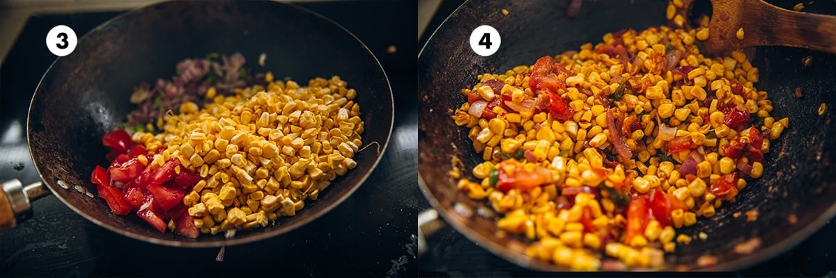 Add corn and tomato to the wok. Add all spices and mix well. Saute for a couple of minutes.