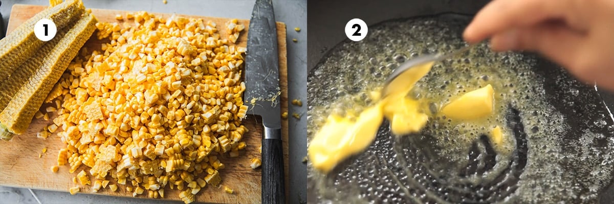 Shuck corn kernels using a sharp knife. Heat butter and oil in a heavy cast-iron or non-stick pan.