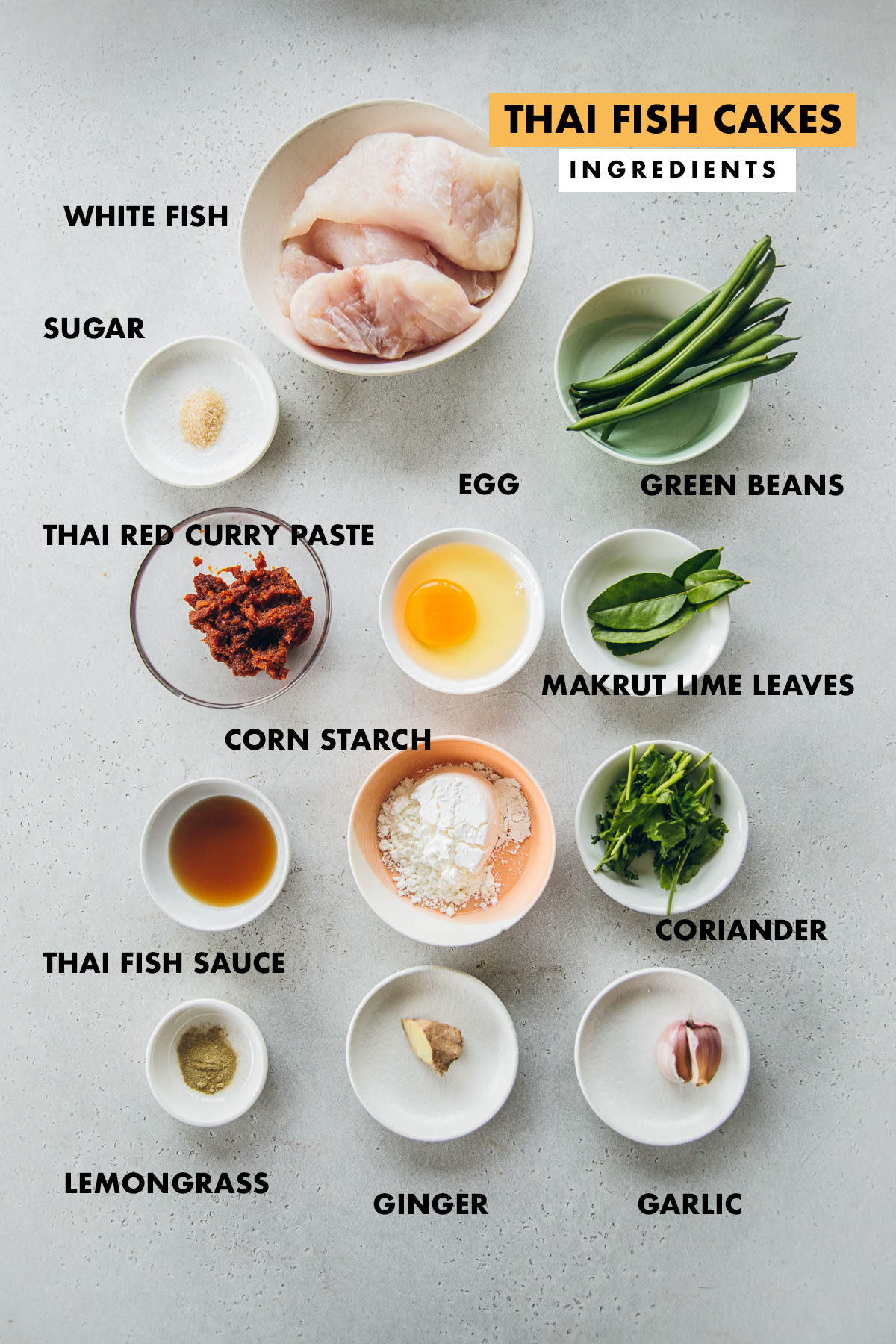 Thai Fish Cakes ingredients measured and labeled.