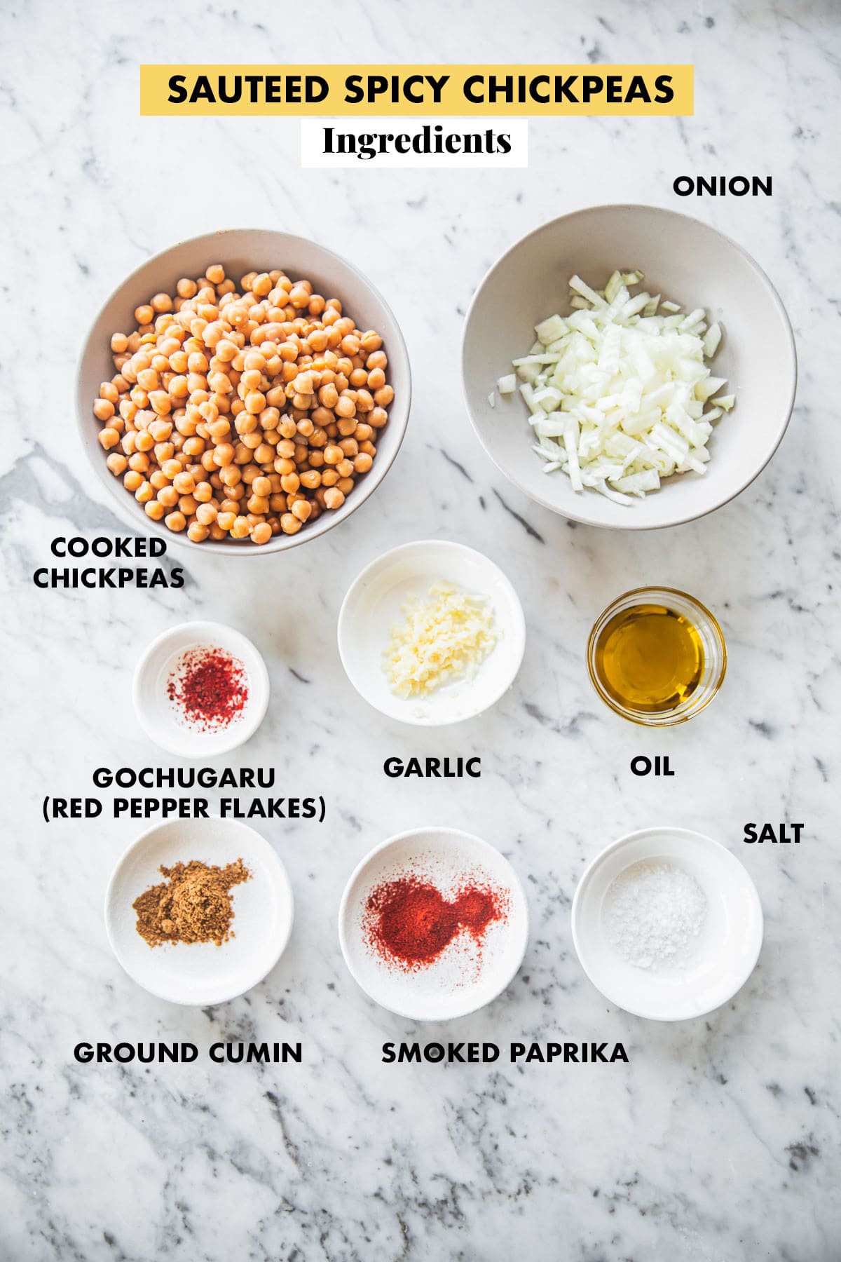 Ingredients for Sauteed Spicy Chickpeas, measured and labeled.