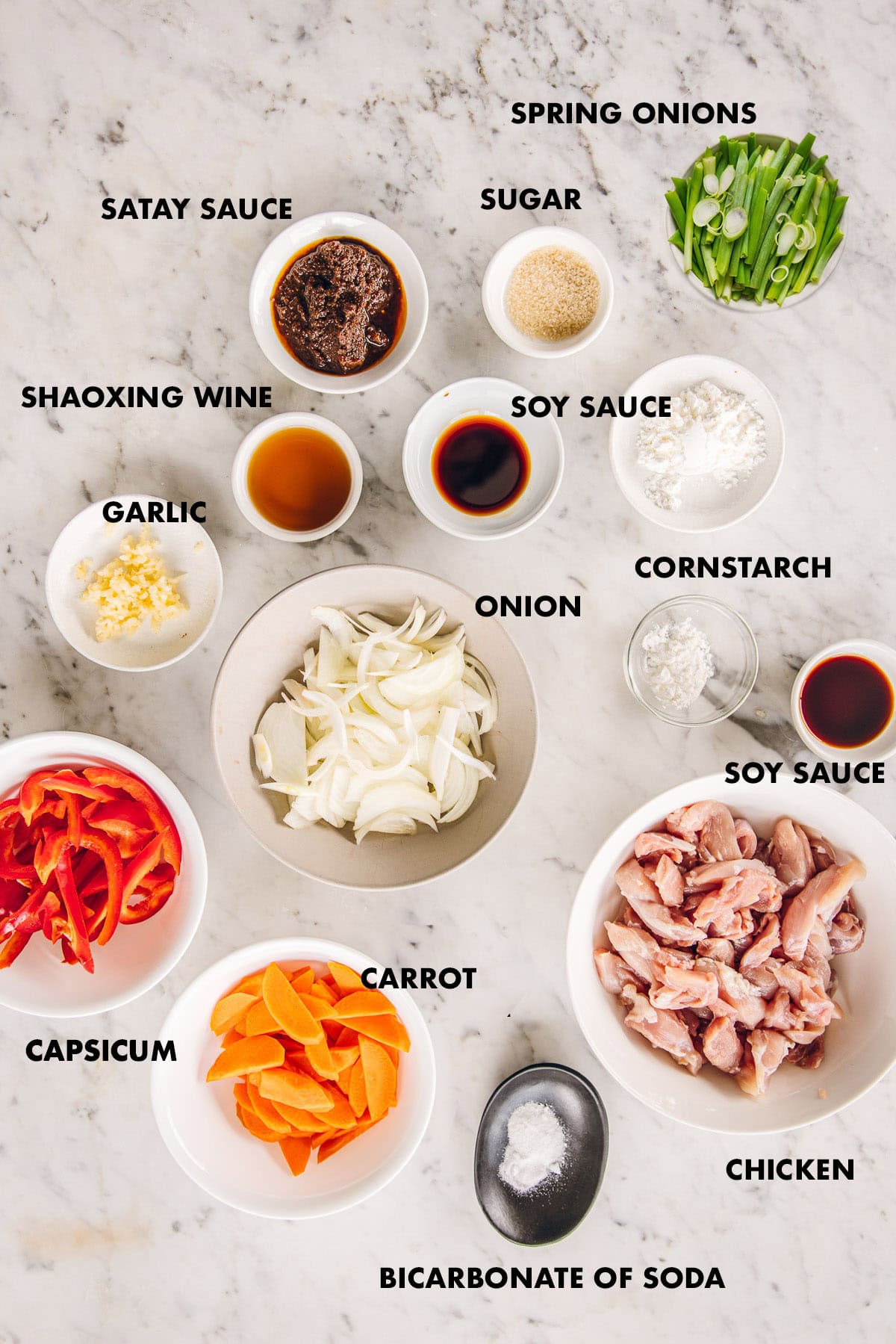 Chinese Satay Chicken stir fry ingredients in bowls with labels - chicken thigh, onion, carrot, red capsicum, garlic, cornstarch, satay sauce, shaoxing wine, soy sauce, sugar and spring onions.