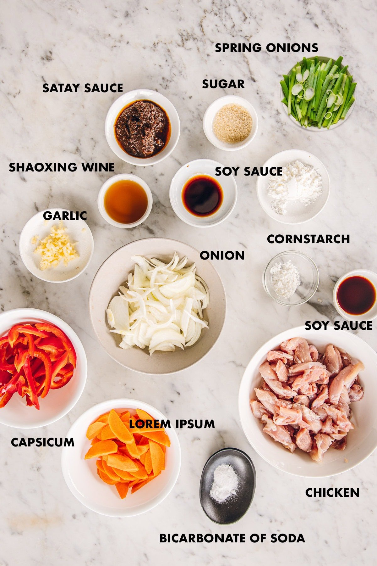 Chinese Satay Chicken stir fry ingredients in bowls with labels - chicken thigh, onion, carrot, red capsicum, garlic, cornstarch, satay sauce, shaoxing wine, soy sauce, sugar and spring onins.
