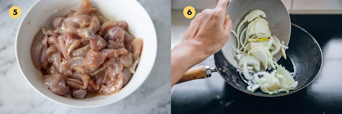Marinating chicken and stir-frying onions for Chinese Satay Chicken.