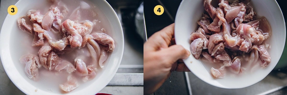 Rinsing and draining the bicarbonate of soda for tenderising the chicken.
