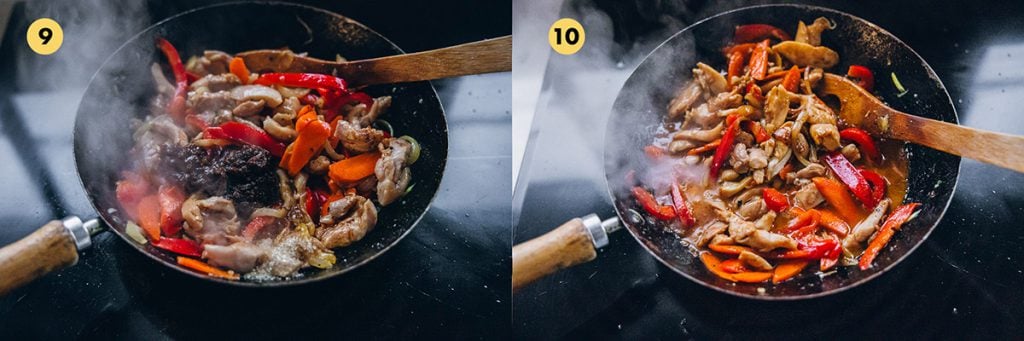 Stir-frying Chinese Satay chicken in a wok.