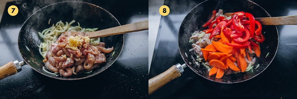 Stir-frying chicken and vegetables for Chinese Satay Chicken.