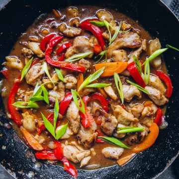 Chinese Satay Chicken Stir Fry in a wok.