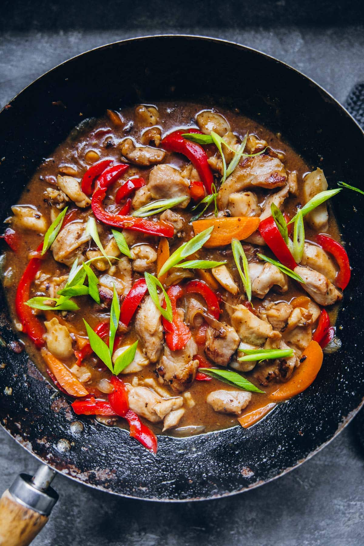 Chinese Satay Chicken Stir Fry in a wok.