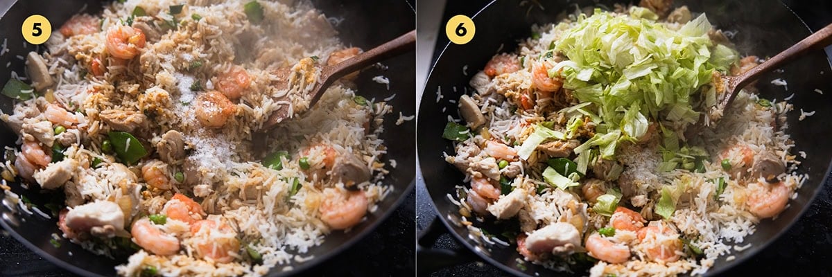 Toss and stir-fry the shrimp, chicken and  egg. Add sauces and mix well. Add lettuce and stir-fry briefly.