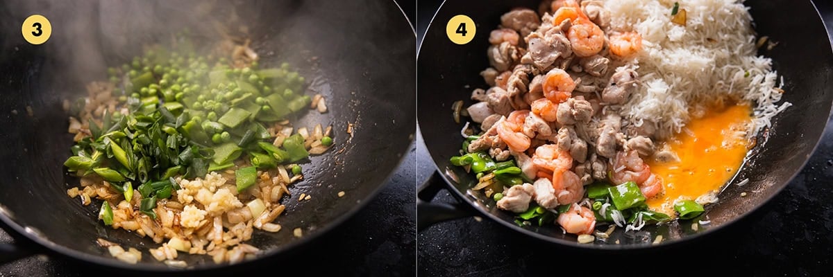Stir-fry garlic and greens until fragrant. Add shrimp/prawn, chicken, cooked rice and whisked egg to the wok.